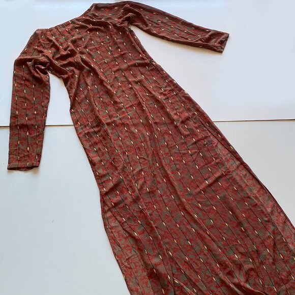 Vintage 90s Silk Maxi Dress Long Sleeve Rust Red Paisley Print Boho Retro Size S - Picture 6 of 7